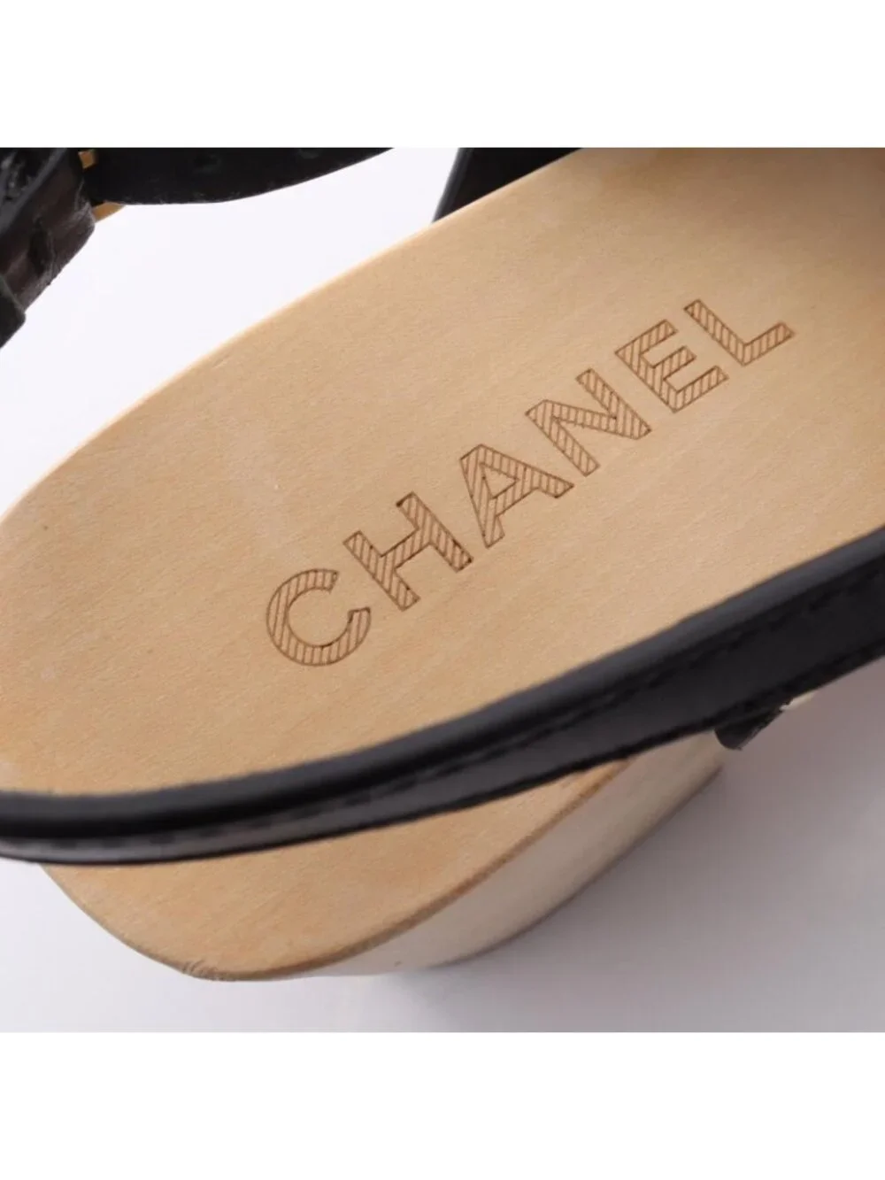 Chanel Sandals CC Logo Clover Wood Wedge Sole Leather